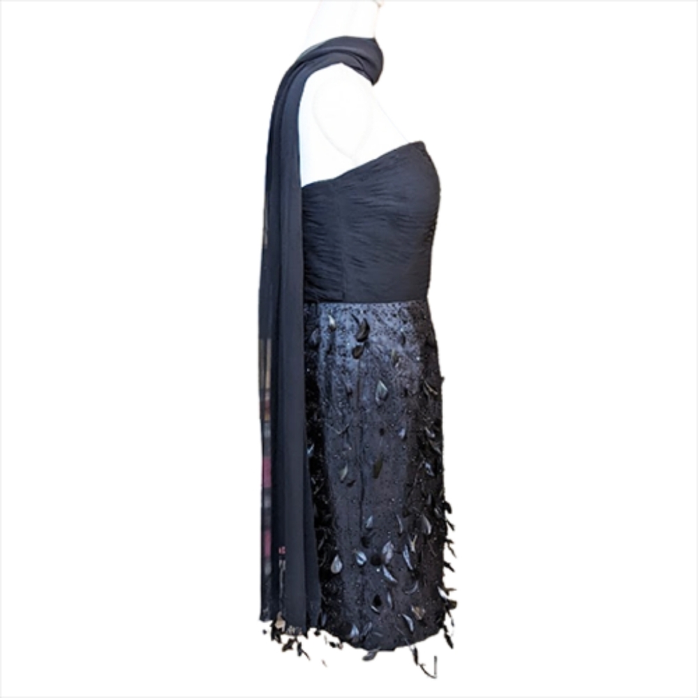 TERANI COUTURE Silk Great Gatsby Dress w/ Beads & Feathers + Shawl